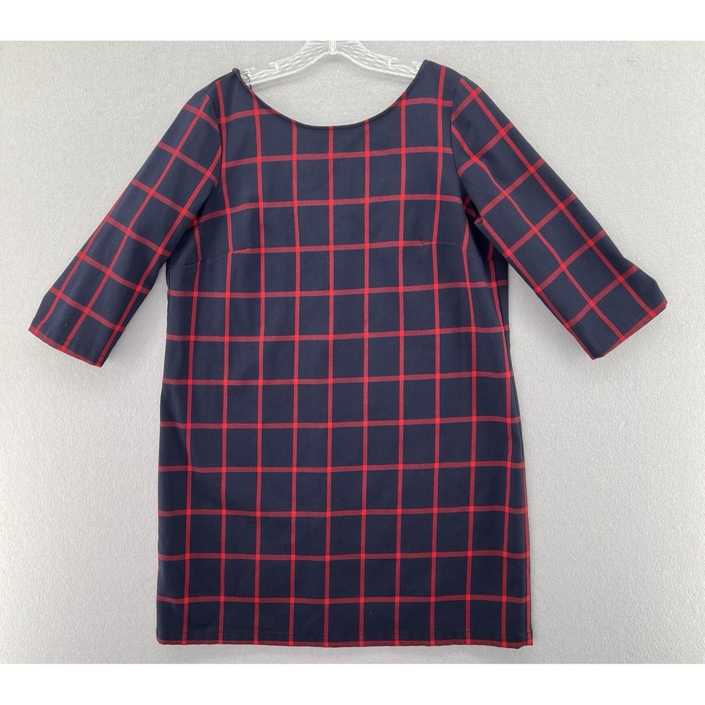 MNG by Mango Casual Navy Blue Red Check 3/4 Sleeve Midi Shift Dress Size Large